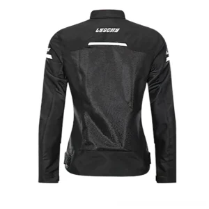 Black motorcycle jacket back view showing mesh ventilation panel and adjustable hem straps