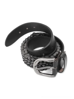 Black leather metal chain gothic belt flat lay overhead view showing gunmetal gray chain, pin buckle closure, and leather construction