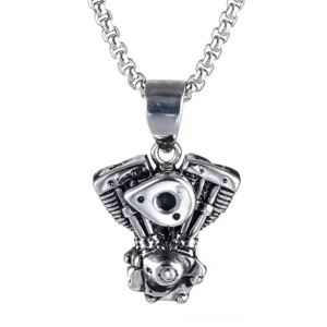 Vintage motorcycle engine pendant necklace with antique silver stainless steel finish, front view showcasing intricate 3D mechanical details