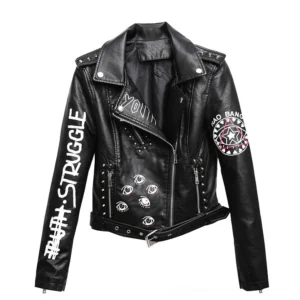Black faux leather motorcycle jacket front flat view with 3D printed eye motifs and text graphics on white background