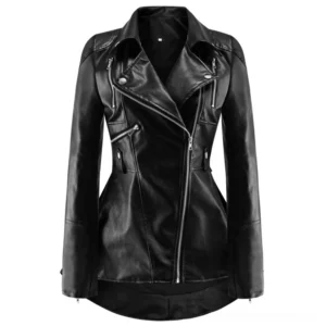Black faux leather gothic motorcycle jacket front view, asymmetrical zipper closure and peaked lapel collar on women's biker coat