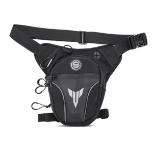 Black gothic motorcycle waist leg bag front view with silver logo and multiple zippered compartments