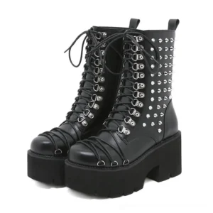 Pair of black punk platform combat boots with silver rivets and chunky sole, front three-quarter angle display