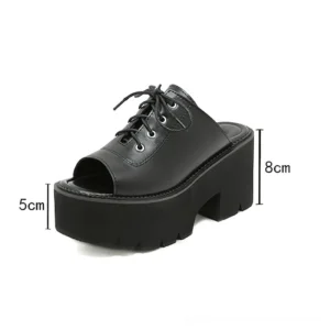 Platform mule sandal side view with size measurement markers showing 5cm and 8cm heel height