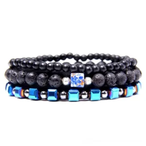 Multi-layer gothic stone bracelet set featuring natural beads including matte black stones, lava rocks, and blue metallic accents - handmade rope chain design