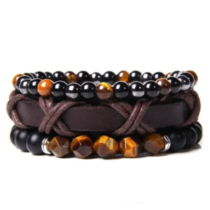 Gothic multi-strand beaded bracelet set featuring natural stone beads, braided leather cords, and woven decorative elements in close-up detail shot against white studio background