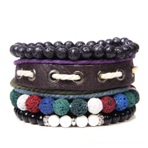 Gothic layered natural stone beaded bracelet set with vintage leather braided details and metal eyelets, multi-strand stack design on white background