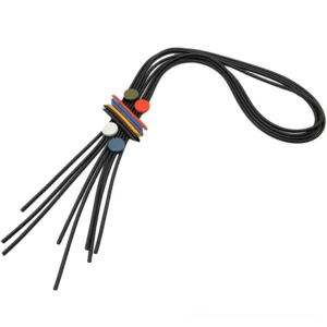 Long tassel necklace flat lay side view showing black rubber strands and mixed-color decorative round disc pendants on white background