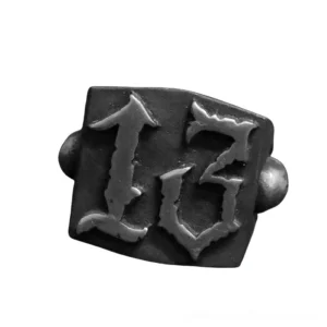 Number 13 gothic punk ring front oblique view in matte black stainless steel with vintage typography design