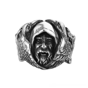 Gothic Odin wolf ring stainless steel front three-quarter view with detailed facial carving and vintage silver finish