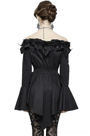 Gothic blouse back view displaying asymmetric peplum hem, bell flare sleeves with ruffled edges, and decorative feather trim detailing