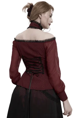 Gothic off-shoulder blouse rear view showing intricate laced corset back design and fitted waist, three-quarter angle