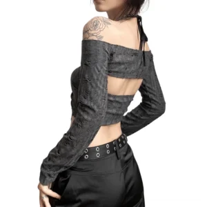 Backless halter tie design of gray distressed off-shoulder crop top, back view on tattooed model - gothic top with open back halter neckline