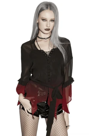Black-burgundy ombre gothic chiffon cape front view with tie waist and deep V neckline, ruffled bell sleeves