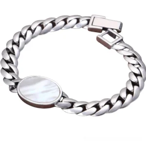 Men's 925 sterling silver gothic bracelet with organic oval shell charm, polished cuban chain with magnetic clasp closure