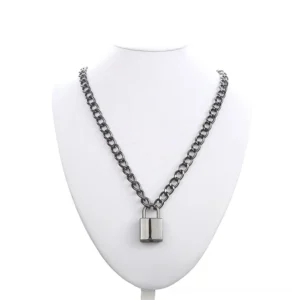 Y-shaped gothic padlock chain necklace with silver-toned square lock pendant displayed on white jewelry mannequin, front view