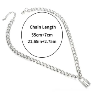 Adjustable silver gothic padlock chain necklace flat lay top-down view, showing total length 55-62cm with extended chain strap, lock pendant, and dual curb chain design on white studio background