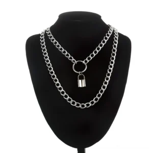 Silver layered gothic chain necklace with padlock pendant on black mannequin - front view showcasing dual-layer punk jewelry design