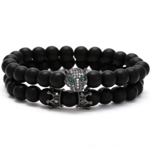 Gun Black Panther Gothic Bracelet with Emerald Green Stone Eyes and 8mm Lava Beads, Alternative Jewelry