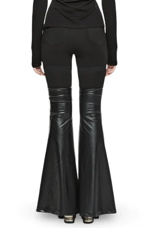 Black detachable faux leather flare leg warmer pants rear view demonstrating back pockets and leather panel styling