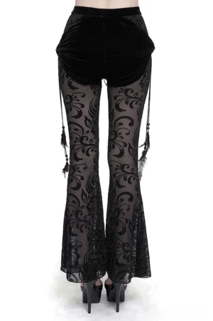 Back view of gothic mesh flare pants highlighting velvet back waist and hanging feather tassel ornaments