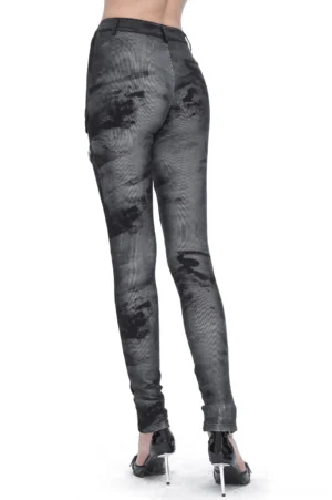 Black dark gray gothic pants back view showing slim silhouette and tie-dye pattern