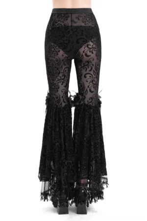 Rear view of gothic lace flare pants showing layered ruffled hem and pentagram embellishments
