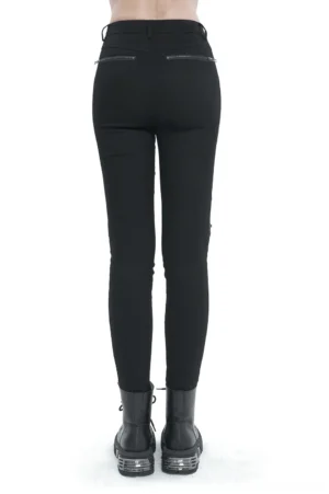 Black punk trousers rear view showing zippered pockets, slim-fit gothic pants back detail