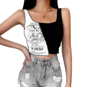 Black gothic patchwork tank top with graphic print worn by model, front view showing square neckline and contrast stitching detail