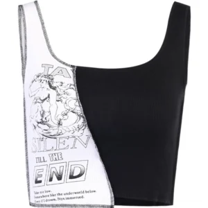 Flat lay of black and white patchwork graphic tank top, showcasing ribbed knit fabric and abstract letter print design