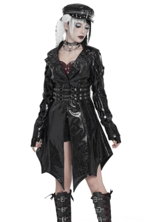 Front view of black gothic patent leather trench coat with buckle harness waist worn by model with braided hair