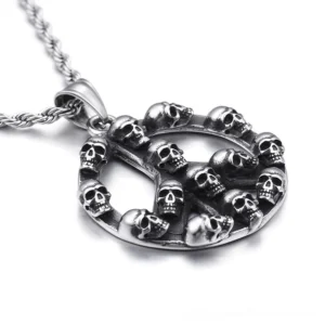 Skull peace pendant necklace side view with twisted steel chain showing dimensional relief details