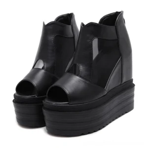 Black gothic peep-toe platform ankle boots with mesh ventilation panels - front view display