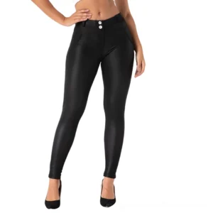 Black matte PU leather gothic pencil pants with double-button waist, front view detail showing slim fit silhouette
