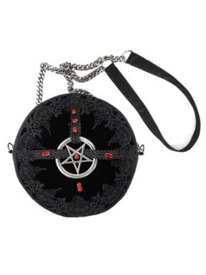 Top-down view of black gothic pentagram round bag showing chain strap and silver pentagram charm detail