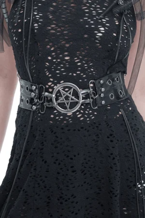 Black faux leather double-layer gothic pentagram waist belt worn by female model, side view showing studded straps and metal pentagram buckle