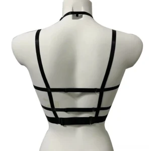 Adjustable multi-strap back view of gothic black bra with pentagram design - demonstrating rear strap customization and construction details