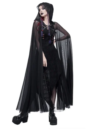 Gothic hooded sheer cape with pentagram buckle, worn by model in three-quarter front view on white studio background, showcasing floor-length black mesh witch cloak silhouette