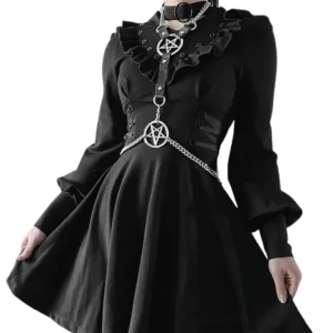 Gothic pentagram harness styled with black dress and silver chain accents