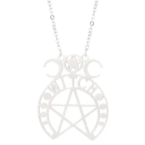 Polished pentagram stainless steel gothic pendant necklace front flat view on white background