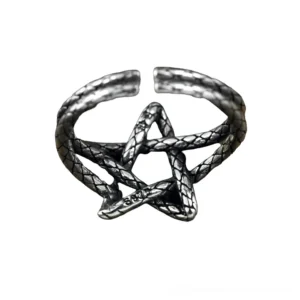 Pentagram open adjustable ring in aged sterling silver with hollow five-pointed star design and braided texture detail