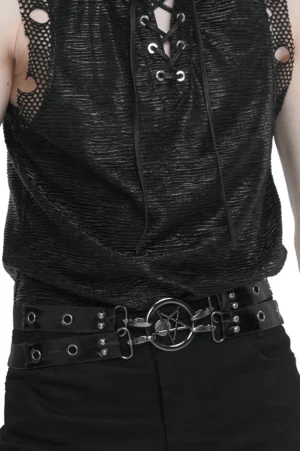 Black faux leather gothic pentagram waist belt on male model, front view displaying grommet straps and pentagram clasp detail