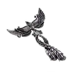 Intricate phoenix metal pendant with detailed feather carvings and vintage silver tone finish, side angle