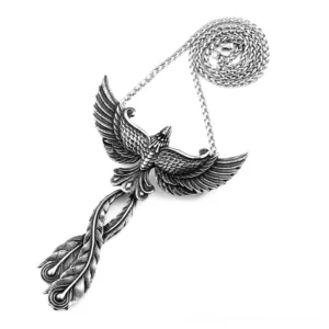 Gothic phoenix pendant necklace with open wings in antique silver stainless steel, overhead flat lay view