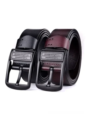Dual adjustable gothic pin buckle leather belts in black and wine red with matte black metal buckles, front three-quarter view