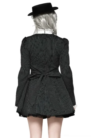 Black pinstripe gothic dress back view showing hidden zipper, waist bow sash, and lace-trimmed hem detail