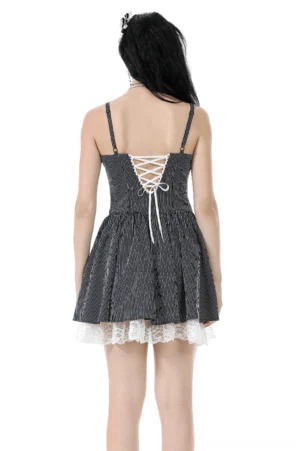 Gothic corset dress lace-up back detail, rear full-body view showcasing white lace-up corset back and ruffled white lace hem