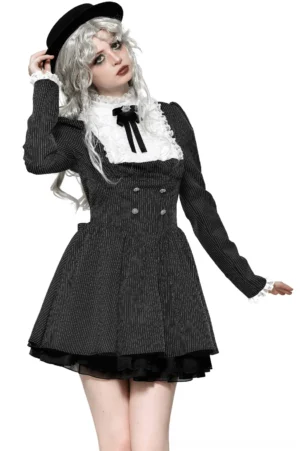Black pinstripe gothic lolita dress three-quarter front view with silver lace ruffle collar, rhinestone bow, puffed sleeves, and flared skirt