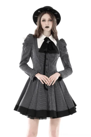 Gothic pinstripe mini dress with ruffled puffed sleeves and black bow - front full-body view on model