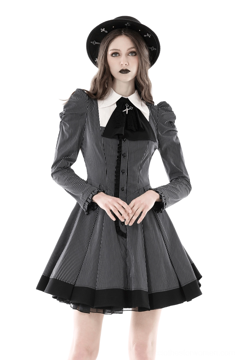 Gothic pinstripe mini dress with ruffled puffed sleeves and black bow - front full-body view on model